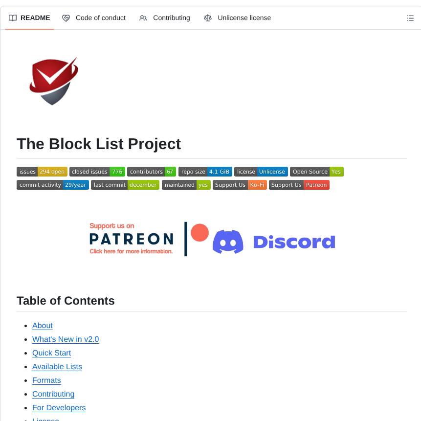 Blocklistproject Lists screenshot