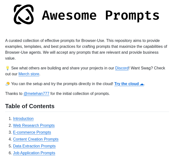 Browser Use Awesome Prompts screenshot