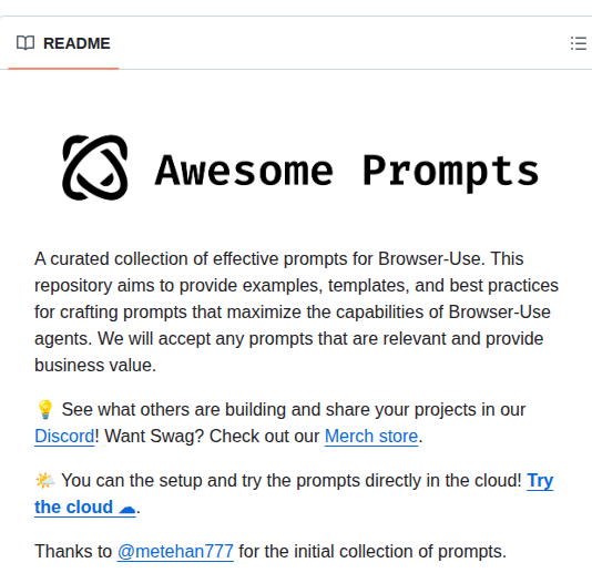 Browser Use Awesome Prompts screenshot