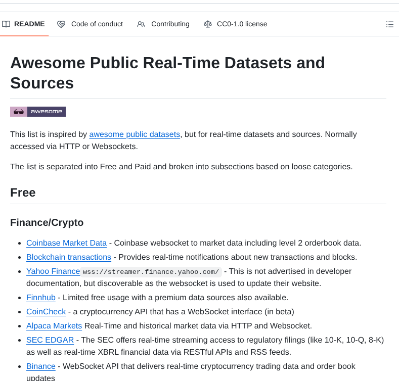 Bytewax Awesome Public Real Time Datasets screenshot