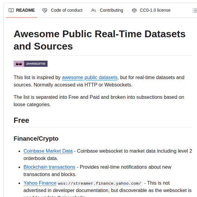 Bytewax Awesome Public Real Time Datasets screenshot