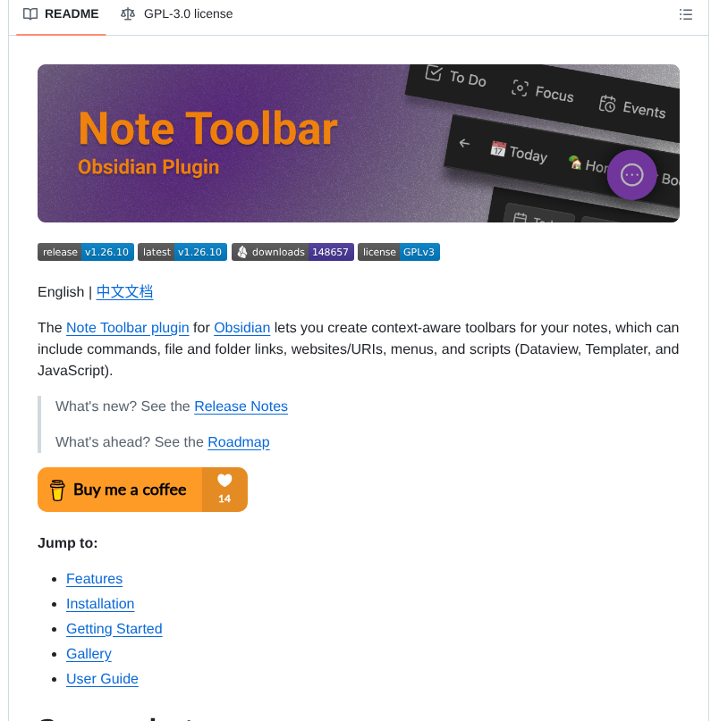 Chrisgurney Obsidian Note Toolbar screenshot