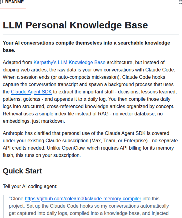 Coleam00 Claude Memory Compiler screenshot