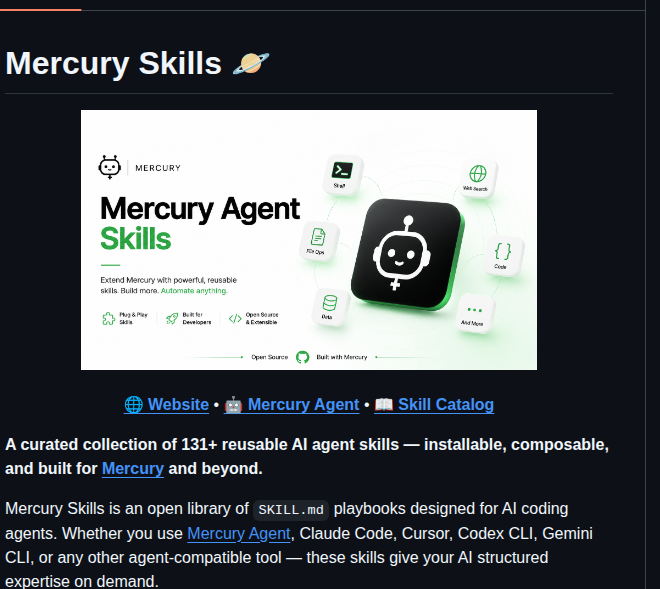 Cosmicstack Labs Mercury Agent Skills screenshot