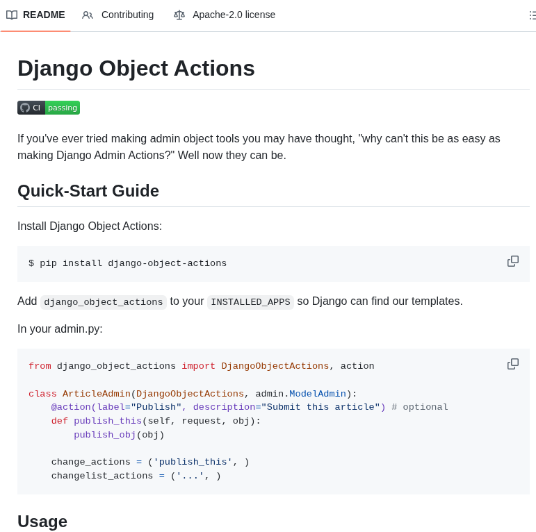 Crccheck Django Object Actions screenshot