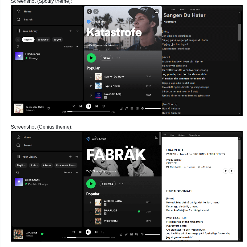 Cvzi Spotify Genius Lyrics Userscript screenshot