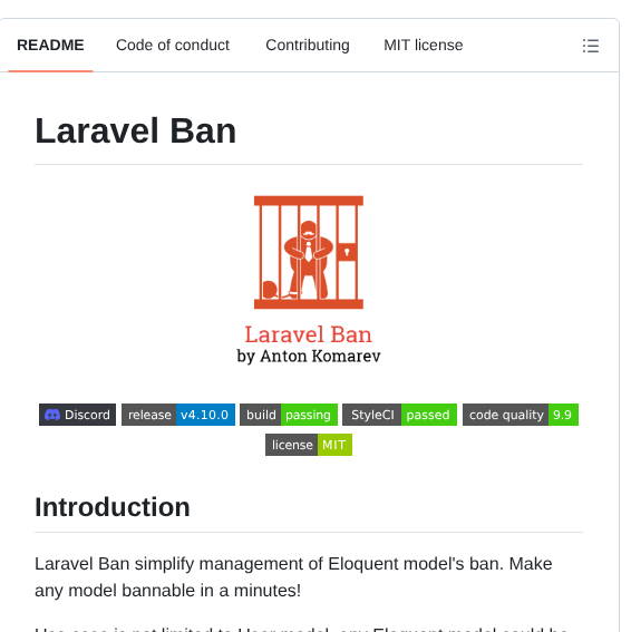Cybercog Laravel Ban screenshot