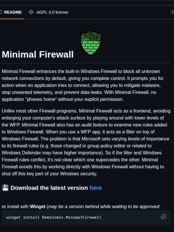 Deminimis Minimalfirewall screenshot