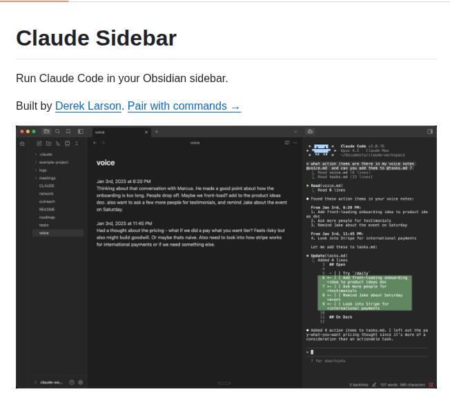 Derek Larson14 Obsidian Claude Sidebar screenshot