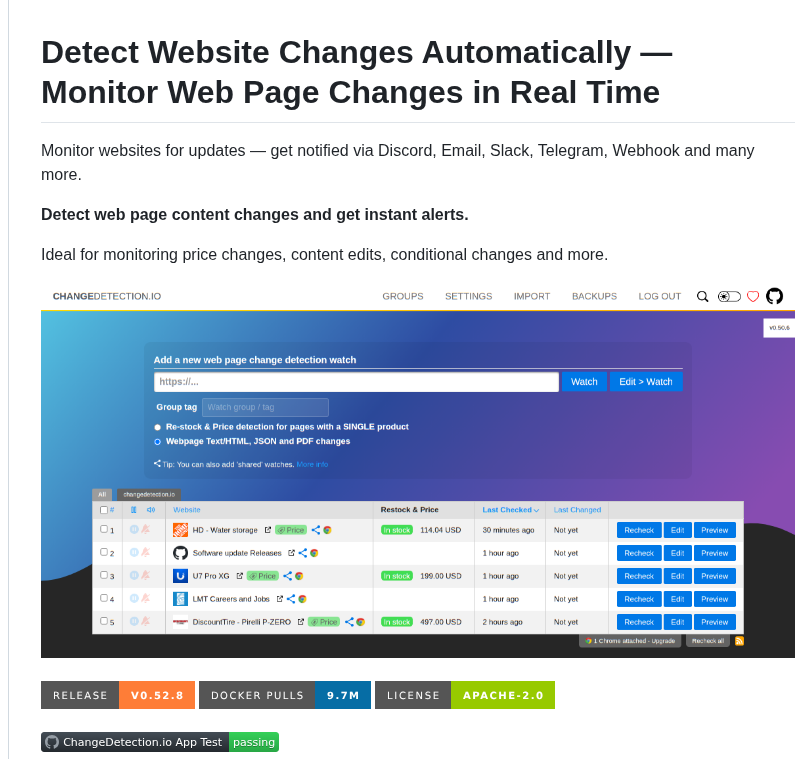 Dgtlmoon Changedetection.io screenshot