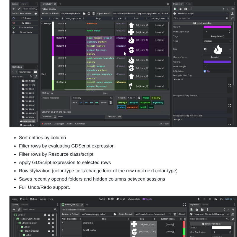 Don Tnowe Godot Resources As Sheets Plugin screenshot