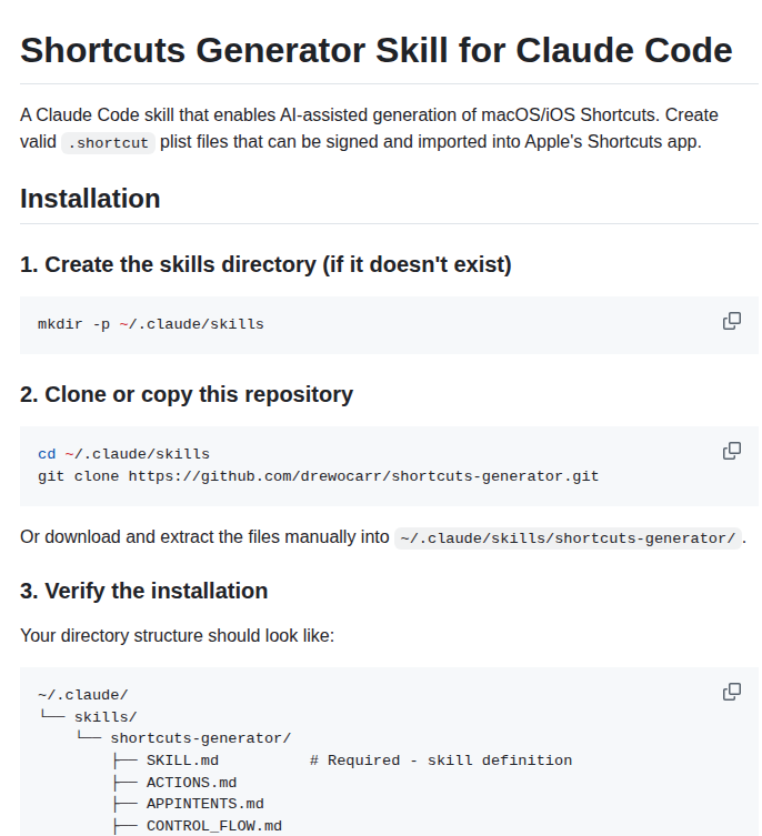Drewocarr Generate Shortcuts Skill screenshot