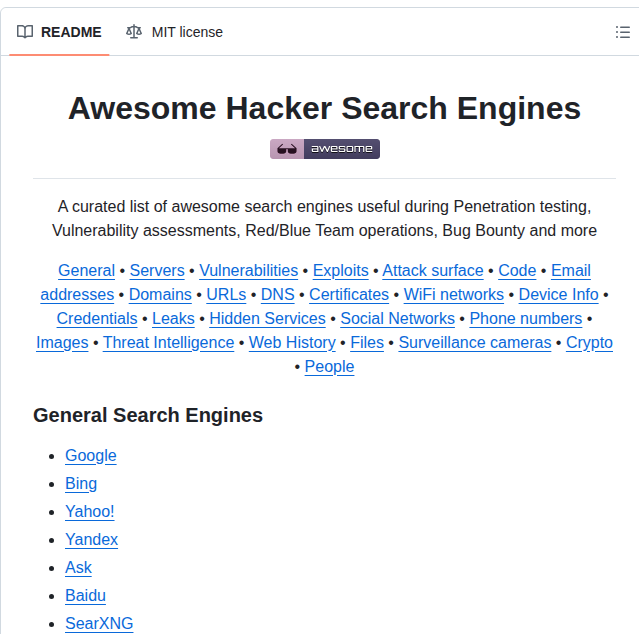 Edoardottt Awesome Hacker Search Engines screenshot