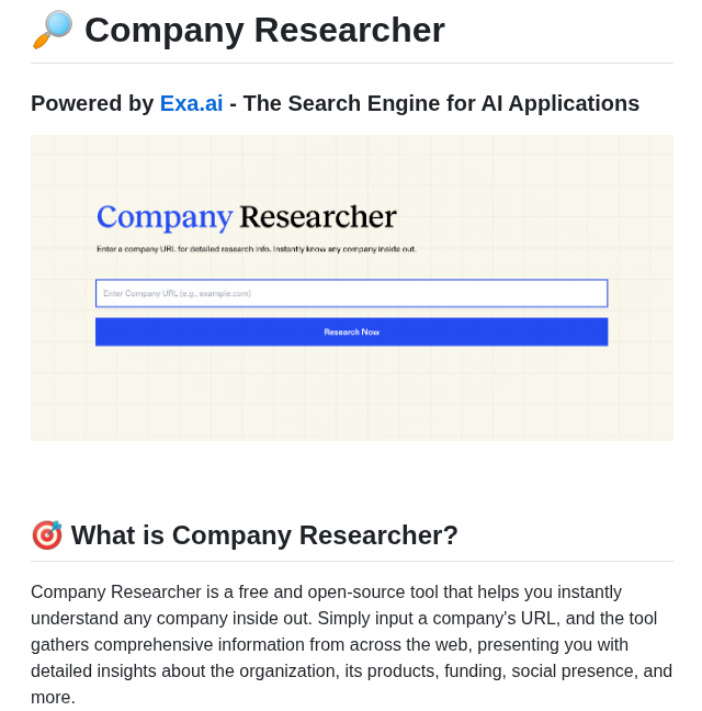 Exa Labs Company Researcher screenshot