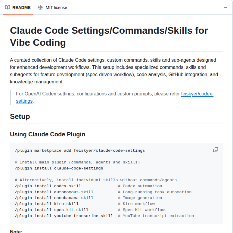 Feiskyer Claude Code Settings screenshot