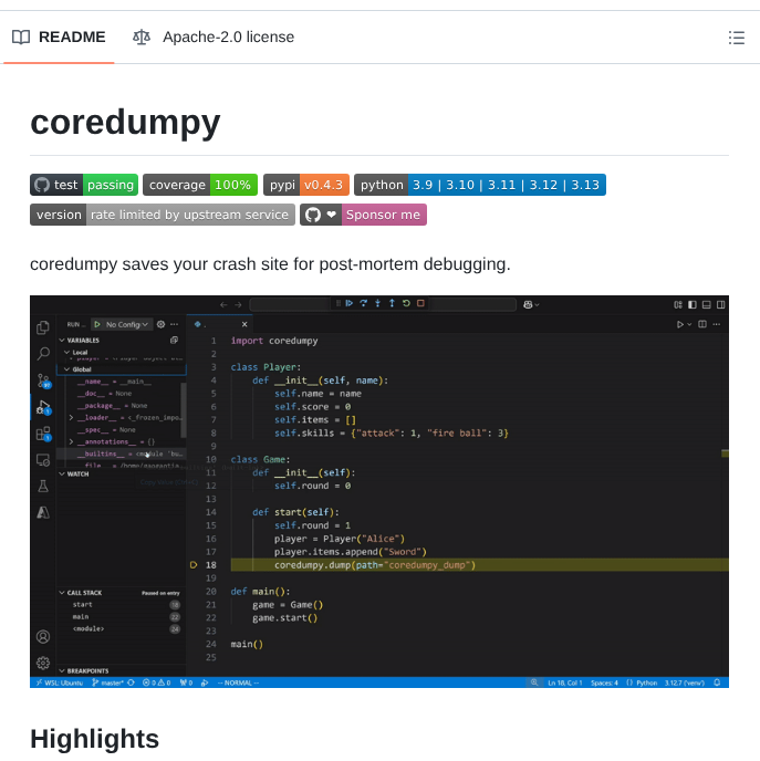 Gaogaotiantian Coredumpy screenshot
