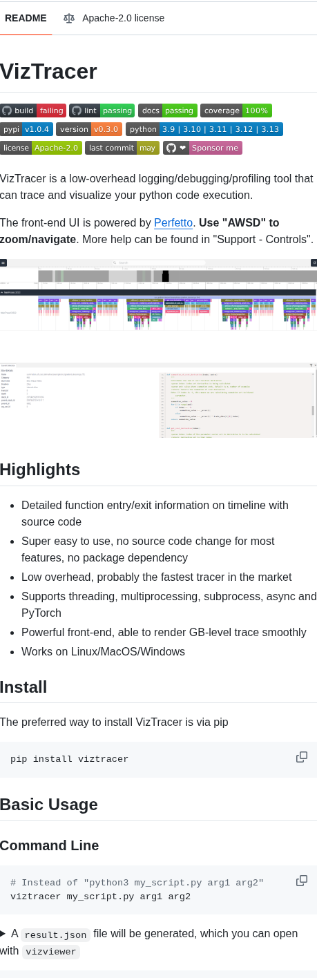 Gaogaotiantian Viztracer screenshot