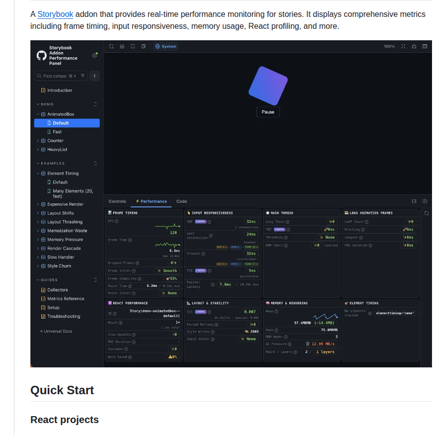 Github Storybook Addon Performance Panel screenshot