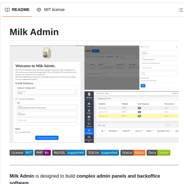 Giuliopanda Milk Admin screenshot