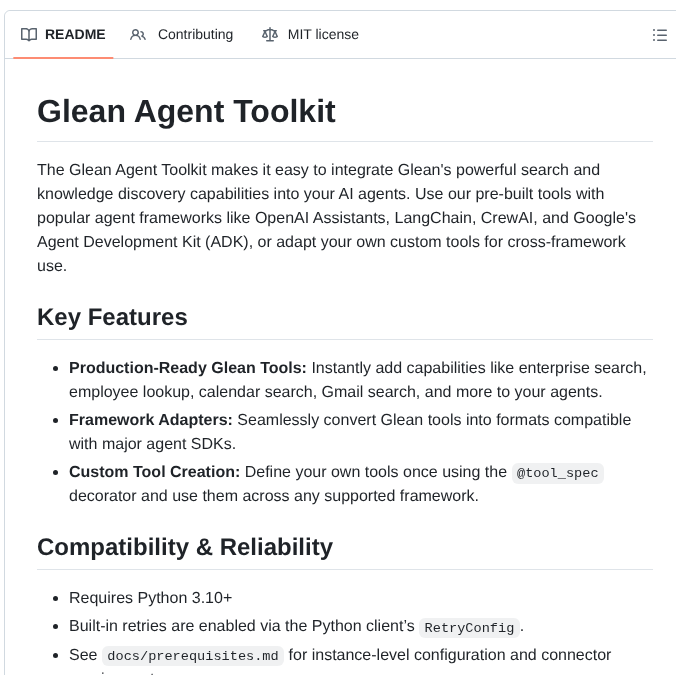 Gleanwork Glean Agent Toolkit screenshot