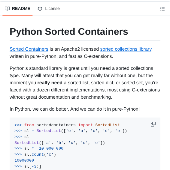 Grantjenks Python Sortedcontainers screenshot