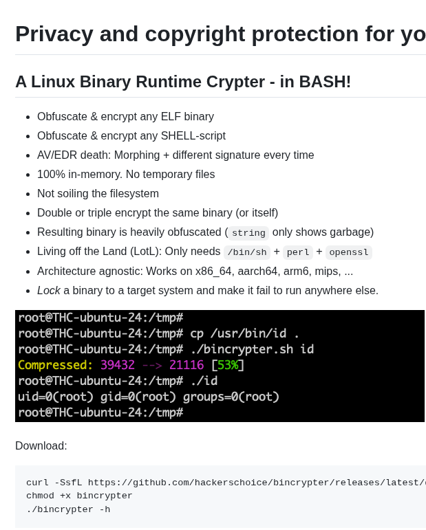 Hackerschoice Bincrypter screenshot