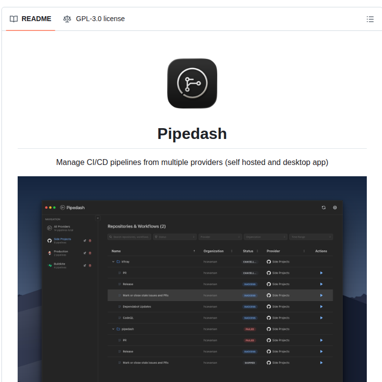 Hcavarsan Pipedash screenshot