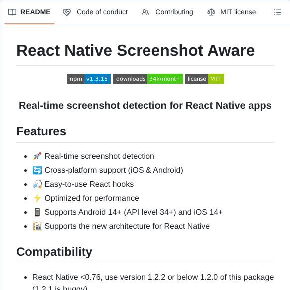 Huextrat React Native Screenshot Aware screenshot