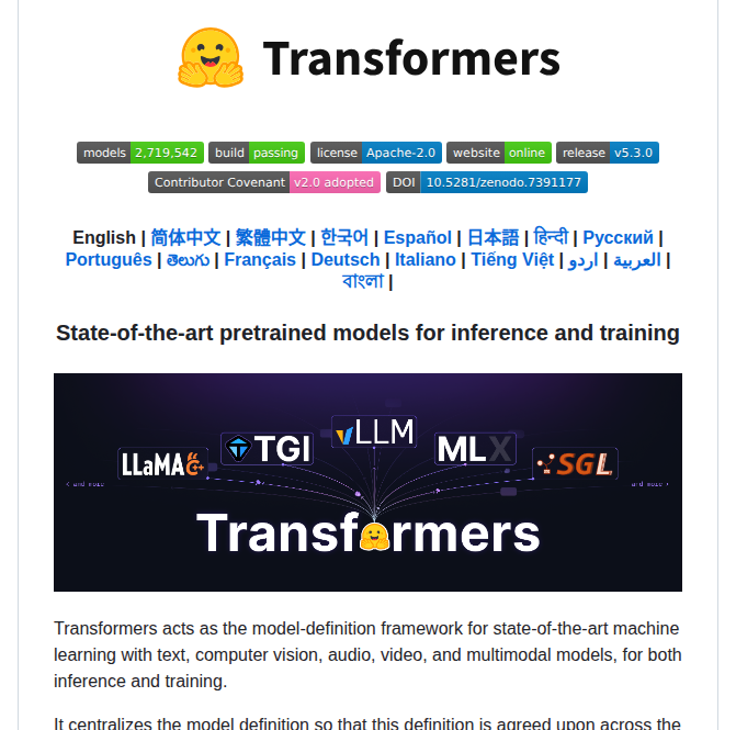 Huggingface Transformers screenshot