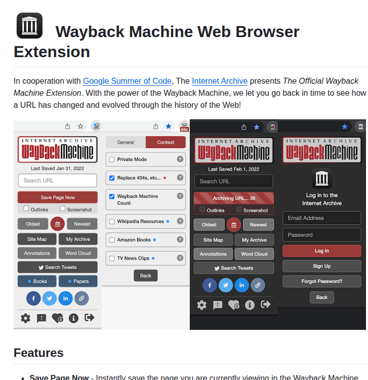Internetarchive Wayback Machine Webextension screenshot