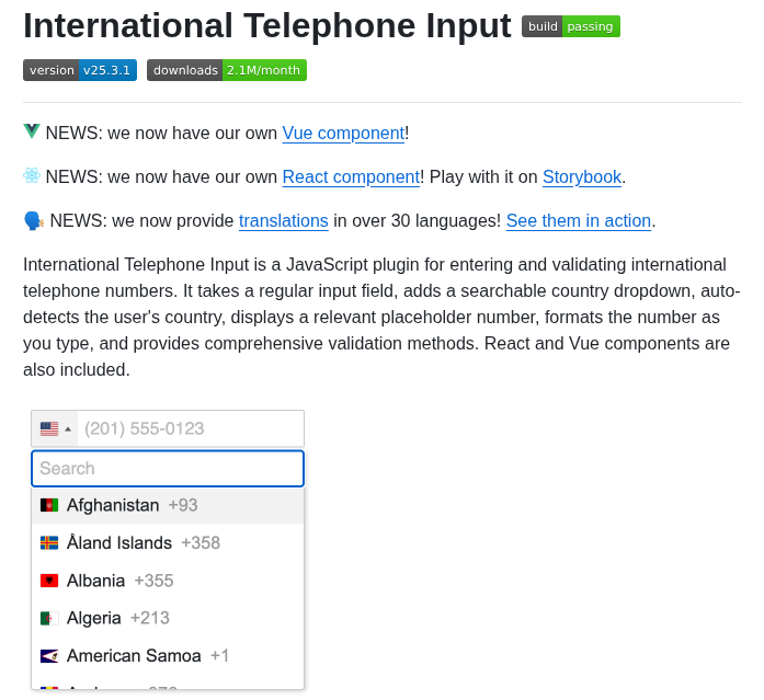 Jackocnr Intl Tel Input screenshot