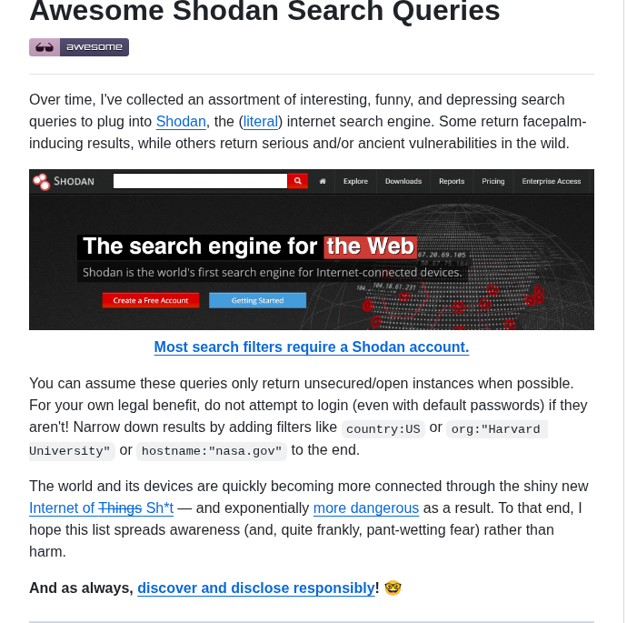 Jakejarvis Awesome Shodan Queries screenshot