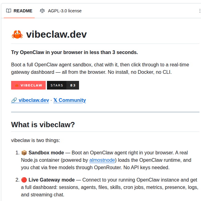 Jasonkneen Vibeclaw screenshot