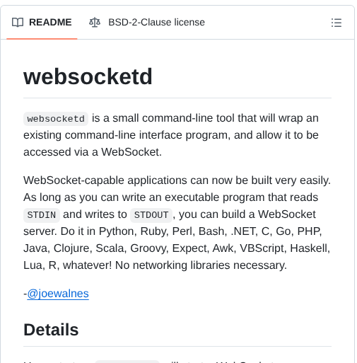 Joewalnes Websocketd screenshot