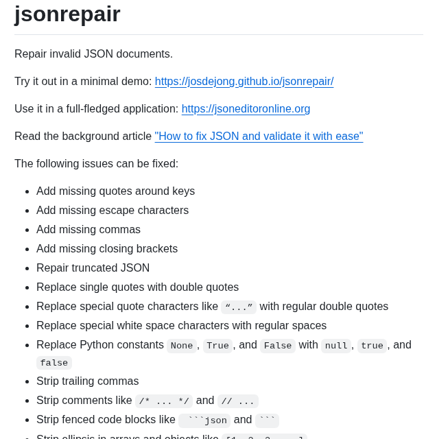 Josdejong Jsonrepair screenshot