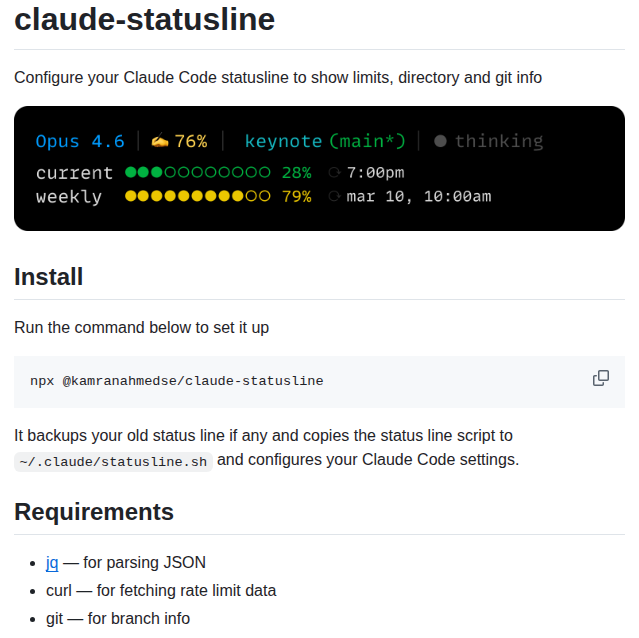 Kamranahmedse Claude Statusline screenshot
