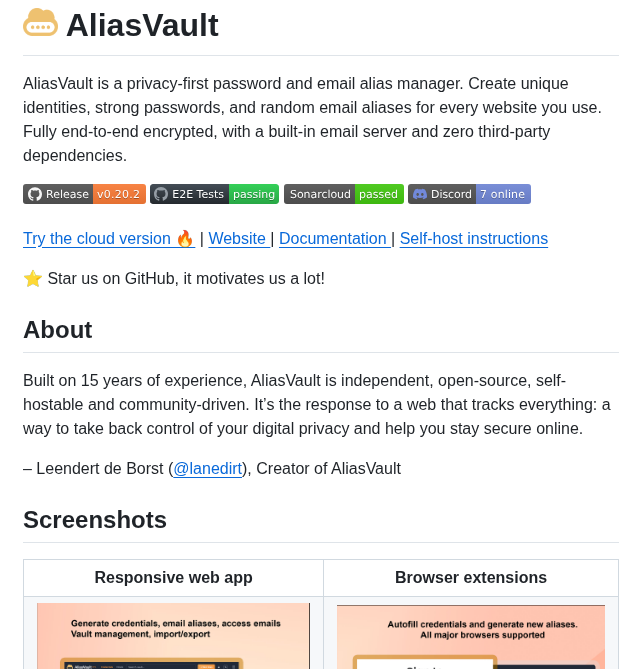 Lanedirt Aliasvault screenshot