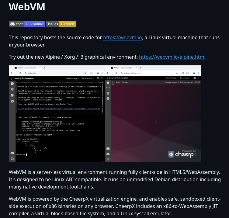 Leaningtech Webvm screenshot