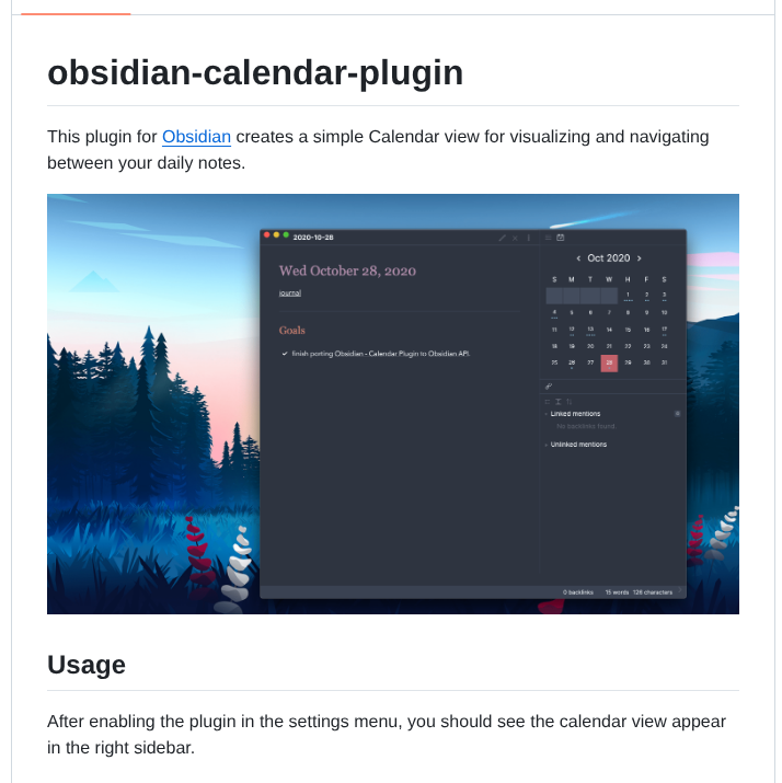 Liamcain Obsidian Calendar Plugin screenshot