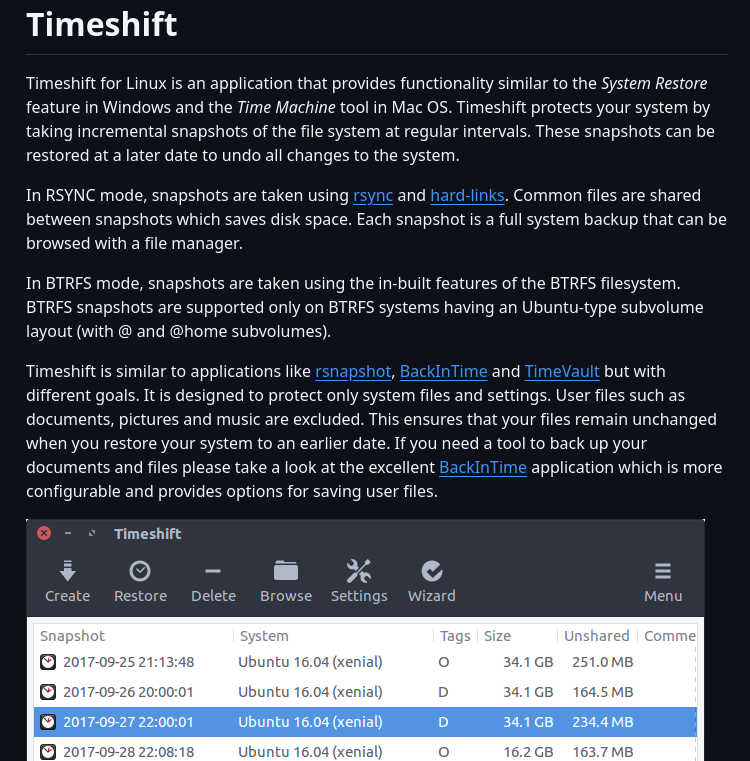 Linuxmint Timeshift screenshot