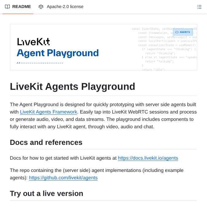 Livekit Agents Playground screenshot