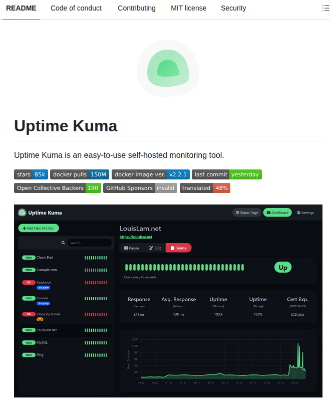 Louislam Uptime Kuma screenshot