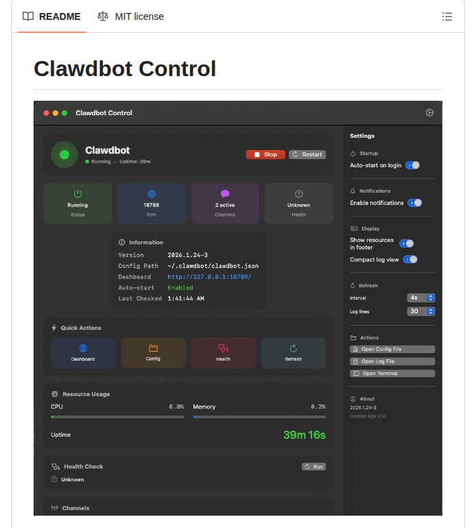 Mannyrepos Clawdbot Control Panel screenshot