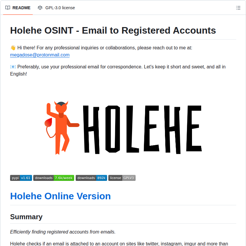 Megadose Holehe screenshot