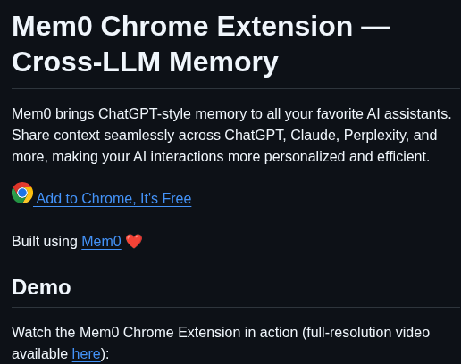 Mem0ai Mem0 Chrome Extension screenshot