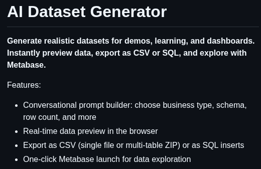 Metabase Dataset Generator screenshot