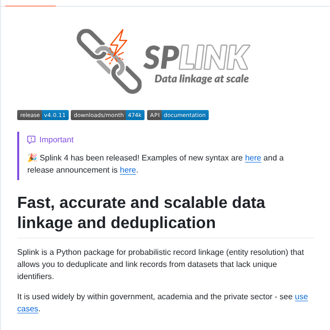 Moj Analytical Services Splink screenshot