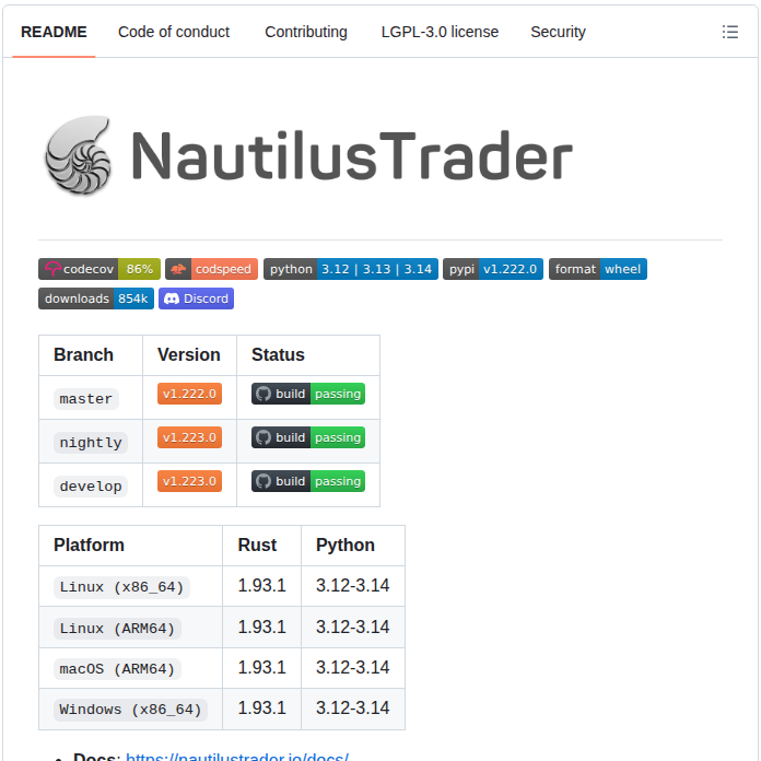 Nautechsystems Nautilus_trader screenshot