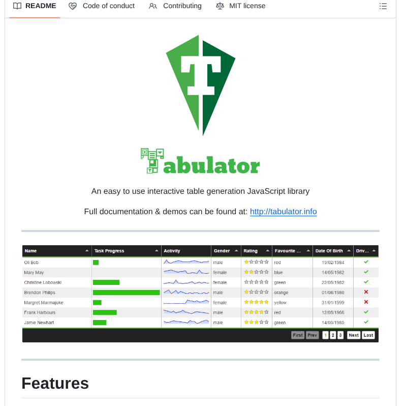 Olifolkerd Tabulator screenshot