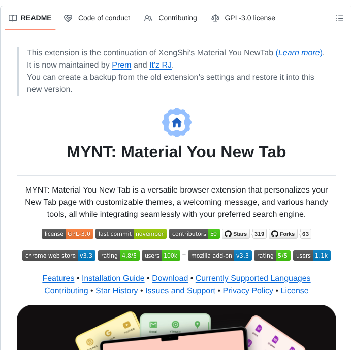 Prem K R Materialyounewtab screenshot